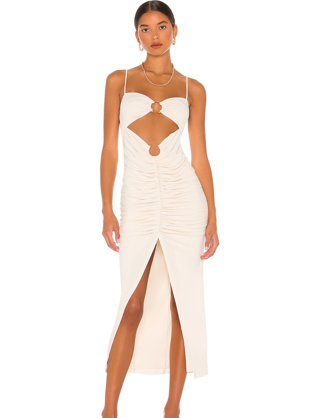 Camila Coelho Cream Spaghetti-Strap Ruched Cutout Midi Dress (Small)